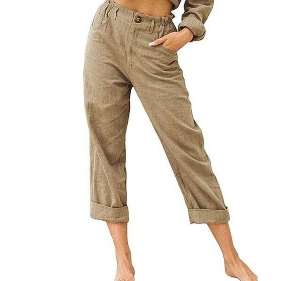 UDEAR Khaki Stretch Waist Folded Hem Pocket Crop Pants Size L - Picture 1 of 1